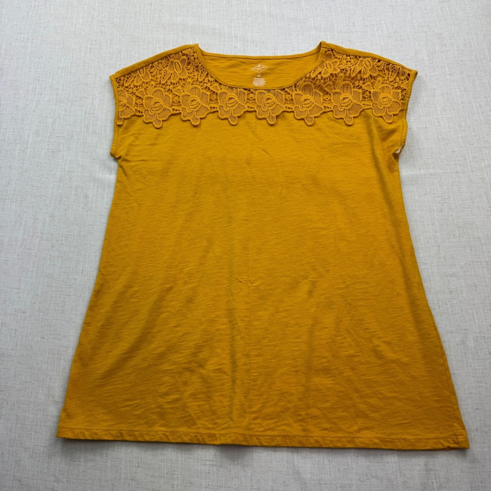St John's Bay Lace Yoke Top Women MT Mustard Yellow Boho Slub Knit Cap Sleeve